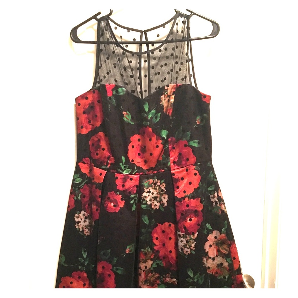 floral red and black sleeveless dress